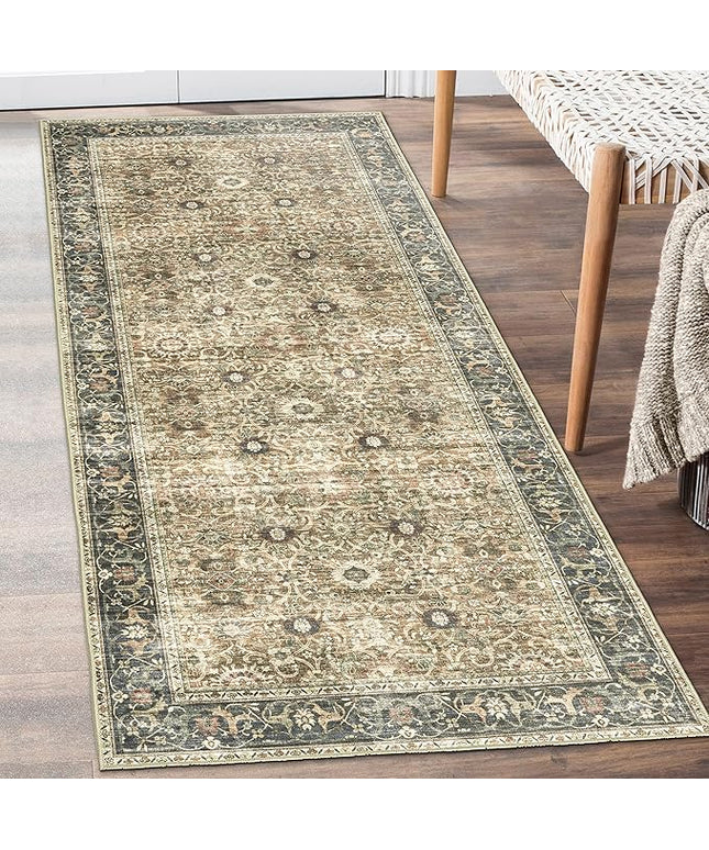 ReaLife Rugs Machine Washable Area Rug - Living Room Bedroom Bathroom Kitchen Entryway Office - Padded Low Pile Stain Resistant Premium - Boho Farmhouse Vintage - Dua - Brown Gray Beige 2'6" x 6'