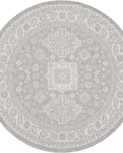 Rugs.com Outdoor Aztec Collection Rug – 6 Ft Round Light Gray Flatweave-Pile Rug Perfect for Kitchens, Dining Rooms