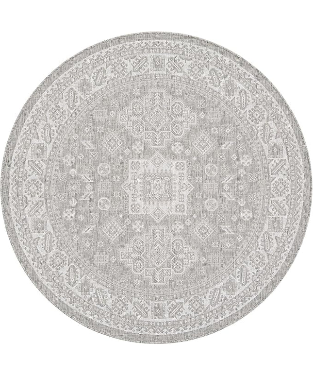 Rugs.com Outdoor Aztec Collection Rug – 6 Ft Round Light Gray Flatweave-Pile Rug Perfect for Kitchens, Dining Rooms