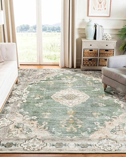 MUJOO Green Rug 6'x9' Area Rugs for Living Room Washable Rugs Large Boho Carpet for Bedroom Dining Room Neutral Vintage Farmhouse Abstract Non Slip Soft Low-Pile Floral Flowers