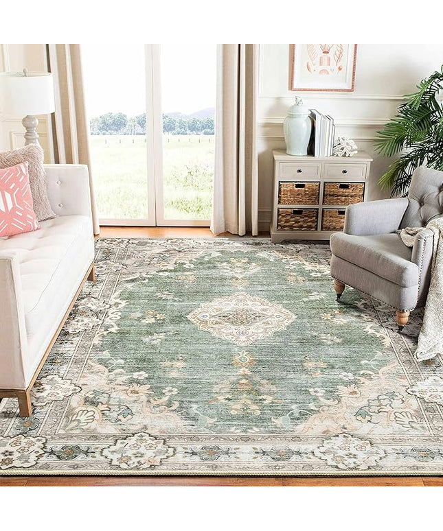 MUJOO Green Rug 6'x9' Area Rugs for Living Room Washable Rugs Large Boho Carpet for Bedroom Dining Room Neutral Vintage Farmhouse Abstract Non Slip Soft Low-Pile Floral Flowers