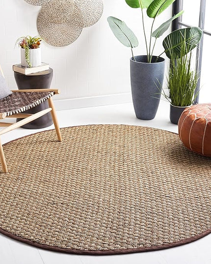 SAFAVIEH Area Rug 8' Round - Natural Fiber Collection - Natural & Dark Brown, Seagrass, Basketweave Pattern with Border (NF114K)