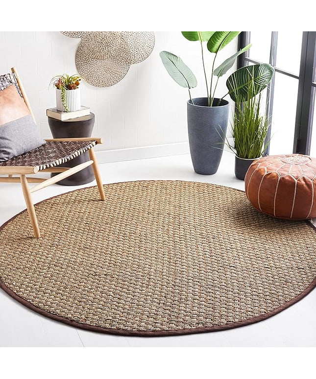 SAFAVIEH Area Rug 8' Round - Natural Fiber Collection - Natural & Dark Brown, Seagrass, Basketweave Pattern with Border (NF114K)