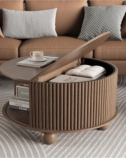 Round Coffee Table with Storage, 31.5" Circle Coffee Table with Sliding Door & Bun Feet, Fluted Center Table for Living Room, Home Small Space, Walnut