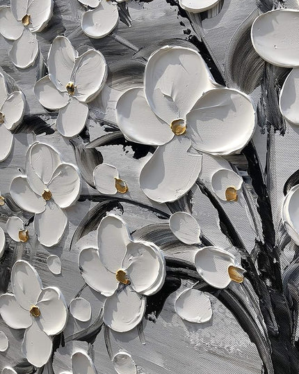 Yihui Arts 3D White Flower Canvas Wall Art Hand Painted Grey Paintings Vertical Artwork for Living Room Bedroom Hallway Decoration