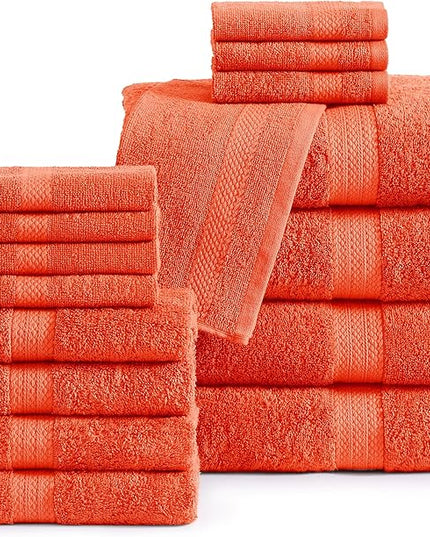 Lane Linen 100% Mercerized Cotton Bathroom Towel Set - 16 Pieces - Fluffy, Super Soft & Highly Absorbent - 4 Bath Towels, 8 Washcloths, 4 Hand Towels - RingSpun, Double Sided Cotton Terry - Tiger Lily