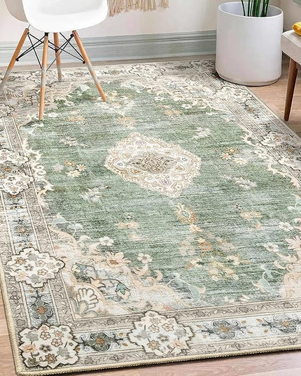 MUJOO Boho Rug 3'x5' Area Rug Small Green Rug Vintage Machine Washable Rugs for Entryway Bedroom Bedside Kitchen Hallway Living Room Laundry Room Indoor Mat Non Slip Soft Low-Pile Floral