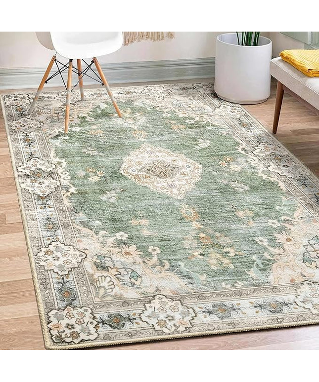 MUJOO Boho Rug 3'x5' Area Rug Small Green Rug Vintage Machine Washable Rugs for Entryway Bedroom Bedside Kitchen Hallway Living Room Laundry Room Indoor Mat Non Slip Soft Low-Pile Floral