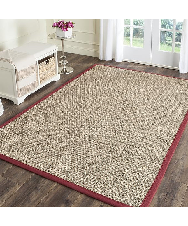 SAFAVIEH Area Rug 5x8 - Natural Fiber Collection - Natural & Red, Seagrass, Basketweave Pattern with Border (NF114D)