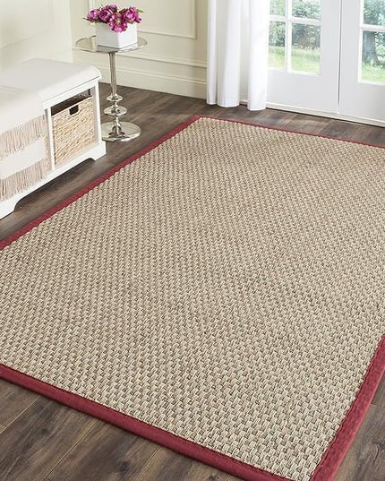 SAFAVIEH Area Rug 4x6 - Natural Fiber Collection - Natural & Red, Seagrass, Basketweave Pattern with Border (NF114D)
