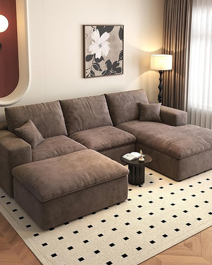 107'' U-Shaped Modern Modular Sectional Cloud Couch Whit Ottoman, 4-Seat Chenille Deep-Seat Sofa with Pillow for Living Room, Bedroom, Apartment, Camel