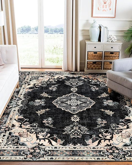 MUJOO Black Rug 6'x9',Washable Area Rugs for Living Room Bedroom Dining Room, Large Boho Vintage Farmhouse Distressed Non Slip Carpet,Floral Flowers