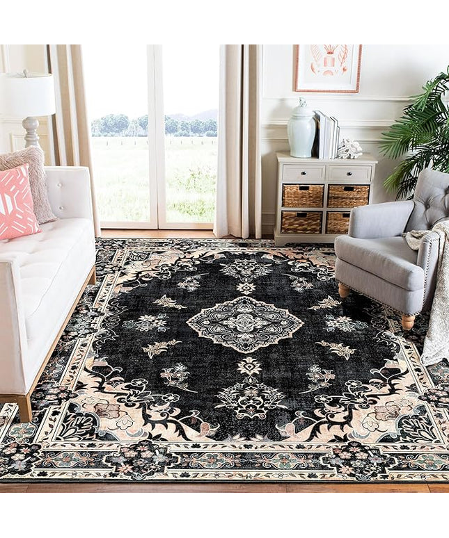 MUJOO Black Rug 6'x9',Washable Area Rugs for Living Room Bedroom Dining Room, Large Boho Vintage Farmhouse Distressed Non Slip Carpet,Floral Flowers