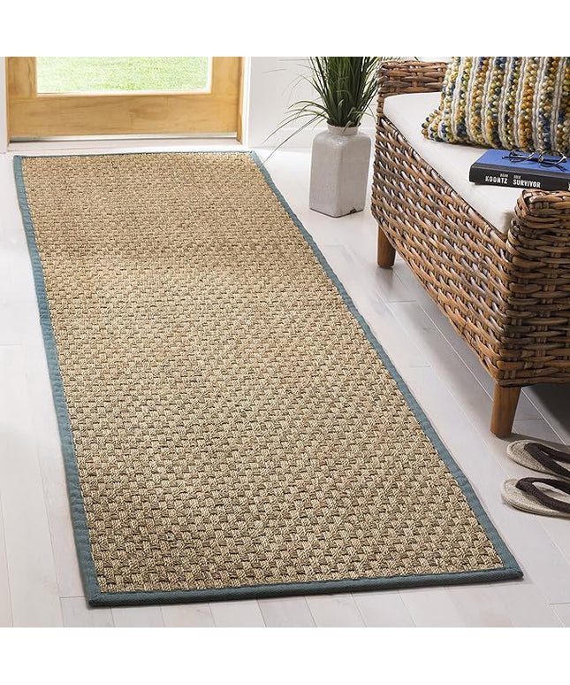 SAFAVIEH Natural Fiber Collection Runner Rug - 2'6" x 8', Natural & Light Blue, Seagrass, Basketweave Pattern with Border (NF114M)