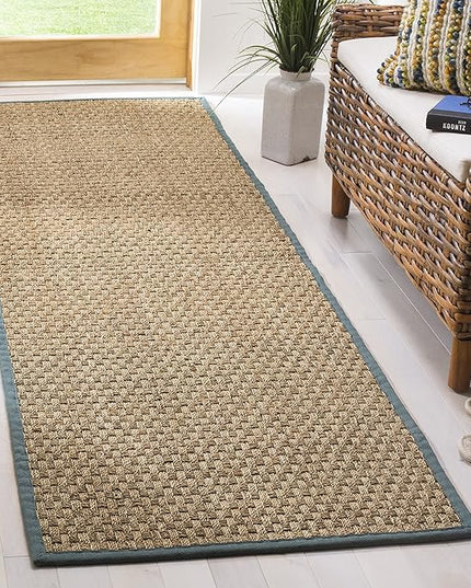 SAFAVIEH Natural Fiber Collection Runner Rug - 2'6" x 14', Natural & Light Blue, Seagrass, Basketweave Pattern with Border (NF114M)