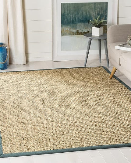 SAFAVIEH Area Rug 5x8 - Natural Fiber Collection - Natural & Light Blue, Seagrass, Basketweave Pattern with Border (NF114M)