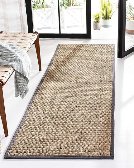 SAFAVIEH Natural Fiber Collection Runner Rug - 2'6" x 14', Natural & Dark Grey, Seagrass, Basketweave Pattern with Border (NF114Q)