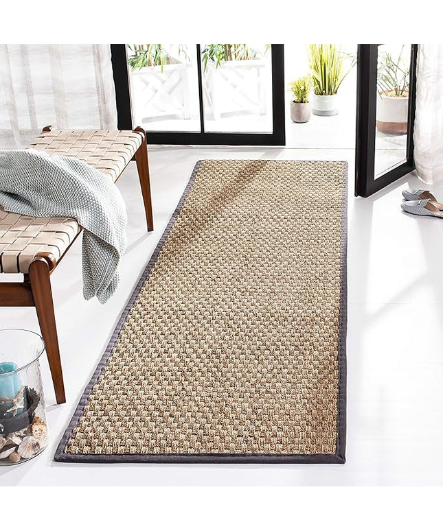 SAFAVIEH Natural Fiber Collection Runner Rug - 2'6" x 12', Natural & Dark Grey, Seagrass, Basketweave Pattern with Border (NF114Q)