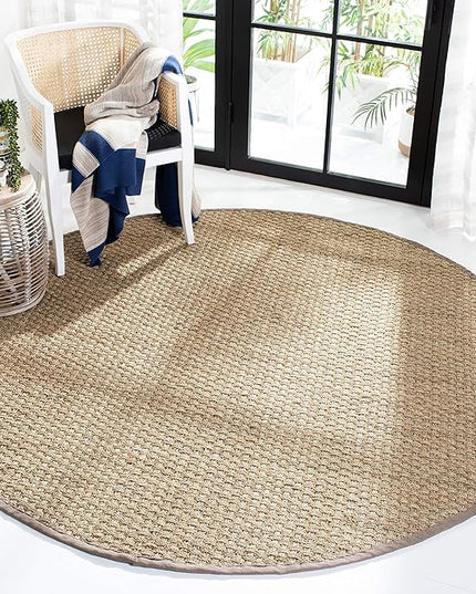 SAFAVIEH Area Rug 3' Round - Natural Fiber Collection - Natural & Grey, Seagrass, Basketweave Pattern with Border (NF114P)
