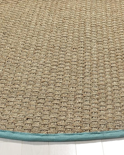 SAFAVIEH Area Rug 8' Round - Natural Fiber Collection - Natural & Teal, Seagrass, Basketweave Pattern with Border (NF114R)