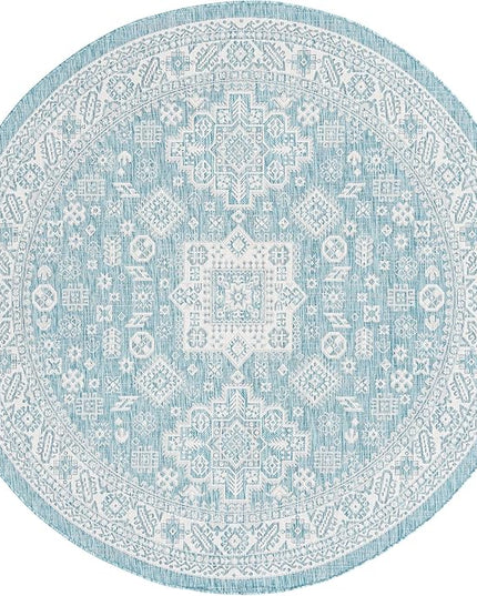 Rugs.com Outdoor Aztec Collection Rug – 8 Ft Round Aqua Flatweave Rug Perfect for Kitchens, Dining Rooms