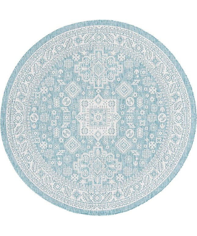 Rugs.com Outdoor Aztec Collection Rug – 8 Ft Round Aqua Flatweave Rug Perfect for Kitchens, Dining Rooms