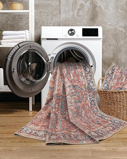 GLN Rugs Traditional Collection - Machine Washable Area Rug, Traditional Washable, Non Slip, Low Pile Chenille Rug, Living Room, Bedroom, Kitchen Rug (2'6"x10' Terra Cotta)