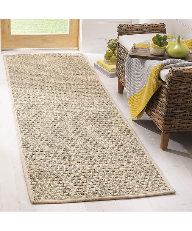 SAFAVIEH Natural Fiber Collection Runner Rug - 2'6" x 22', Natural & Beige, Seagrass, Basketweave Pattern with Border (NF114A)