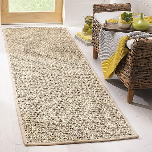 SAFAVIEH Natural Fiber Collection Runner Rug - 2'6" x 6', Natural & Beige, Seagrass, Basketweave Pattern with Border (NF114A)