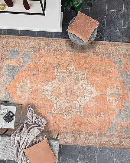 GLN Rugs Traditional Collection - Machine Washable Area Rug, Traditional Washable, Non Slip, Low Pile Chenille Rug, Living Room, Bedroom, Kitchen Rug (3'x5' Burnt Orange)