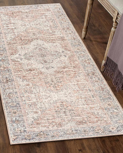ReaLife Rugs Machine Washable Area Rug - Living Room Bedroom Bathroom Kitchen Entryway Office - Padded Low Pile Stain Resistant Premium - Boho Farmhouse Vintage - Lyle - Gray Ivory Blush 2'6" x 8'
