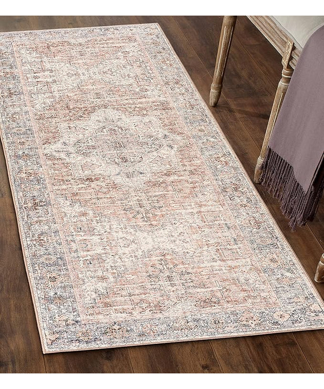 ReaLife Rugs Machine Washable Area Rug - Living Room Bedroom Bathroom Kitchen Entryway Office - Padded Low Pile Stain Resistant Premium - Boho Farmhouse Vintage - Lyle - Gray Ivory Blush 2'6" x 6'