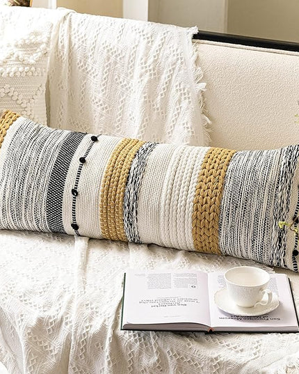 BlissBlush Decorative Lumbar Throw Pillow Cover 14x36 Boho Long Cushion for Bed Yellow Mustard Accent Farmhouse Pillowcase for Bedroom Living Room Couch Sofa Home Décor Cover ONLY