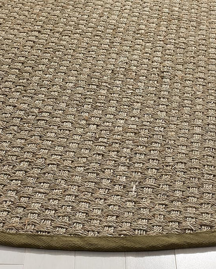 SAFAVIEH Area Rug 6' Round - Natural Fiber Collection - Natural & Olive Green, Seagrass, Basketweave Pattern with Border (NF114G)