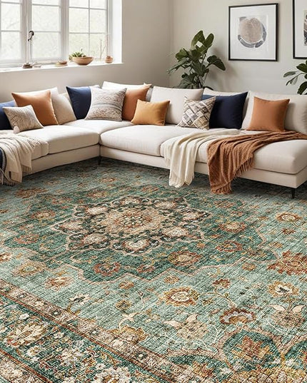 Washable Oriental Area Rug - 12x18 Rugs for Living Room Soft Carpet for Bedroom Waterproof Floral Distressed Indoor Stain Resistant Non-Shedding Floor Carpets (Green, 12x18)