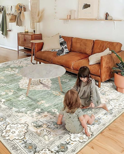 MUJOO Green Rug 6'x9' Area Rugs for Living Room Washable Rugs Large Boho Carpet for Bedroom Dining Room Neutral Vintage Farmhouse Abstract Non Slip Soft Low-Pile Floral Flowers