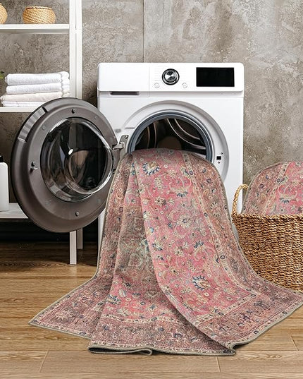 GLN Rugs Traditional Collection - Machine Washable Area Rug, Traditional Washable, Non Slip, Low Pile Chenille Rug, Living Room, Bedroom, Kitchen Rug (3'x5' Pink Vintage)
