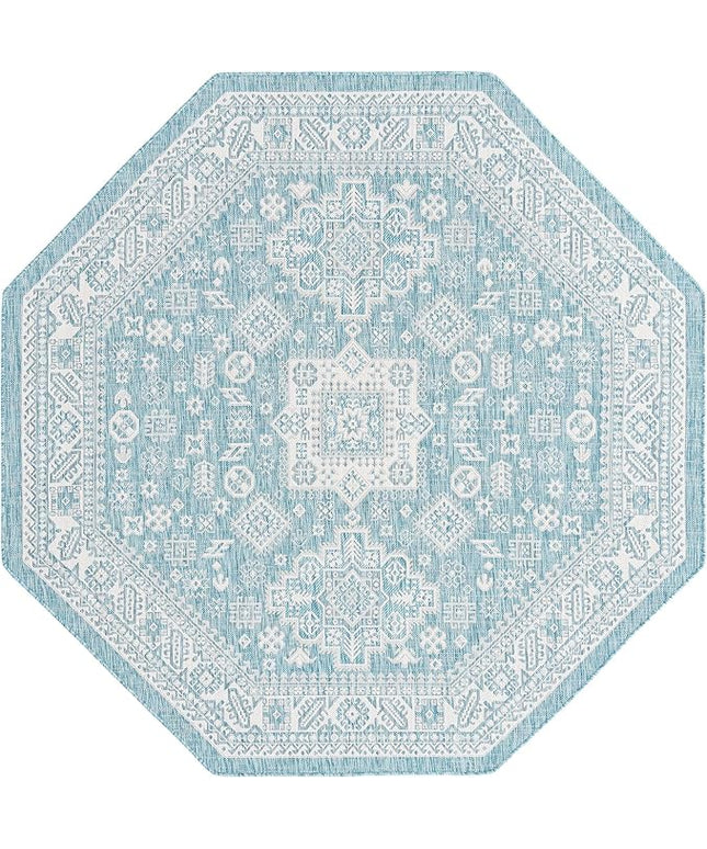 Rugs.com Outdoor Aztec Collection Rug – 8 Ft Octagon Aqua Flatweave Rug Perfect for Living Rooms, Kitchens, Entryways