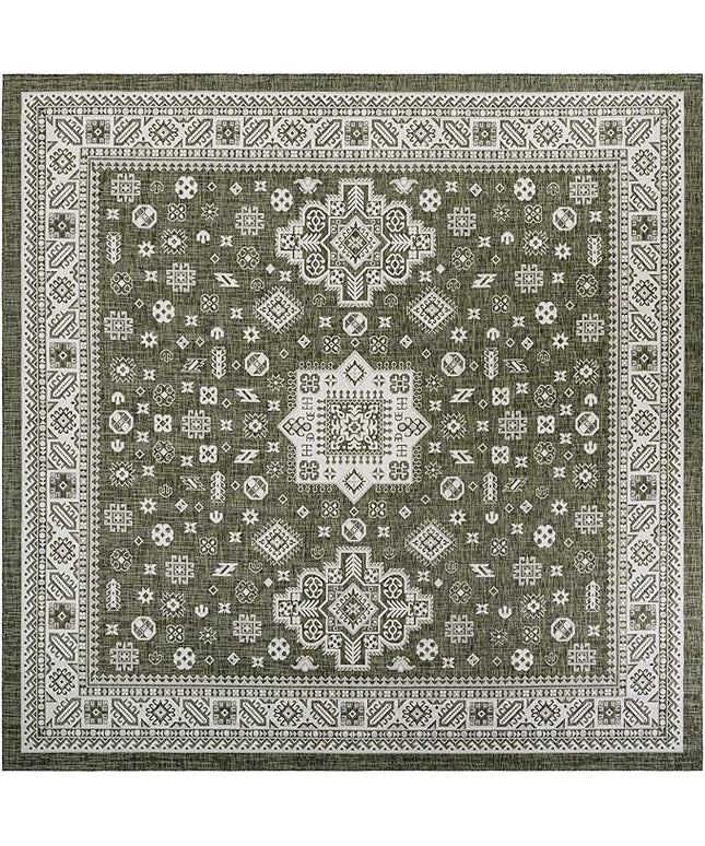 Rugs.com Outdoor Aztec Collection Rug – 13 Ft Square Green Flatweave-Pile Rug Perfect for Living Rooms, Kitchens, Entryways