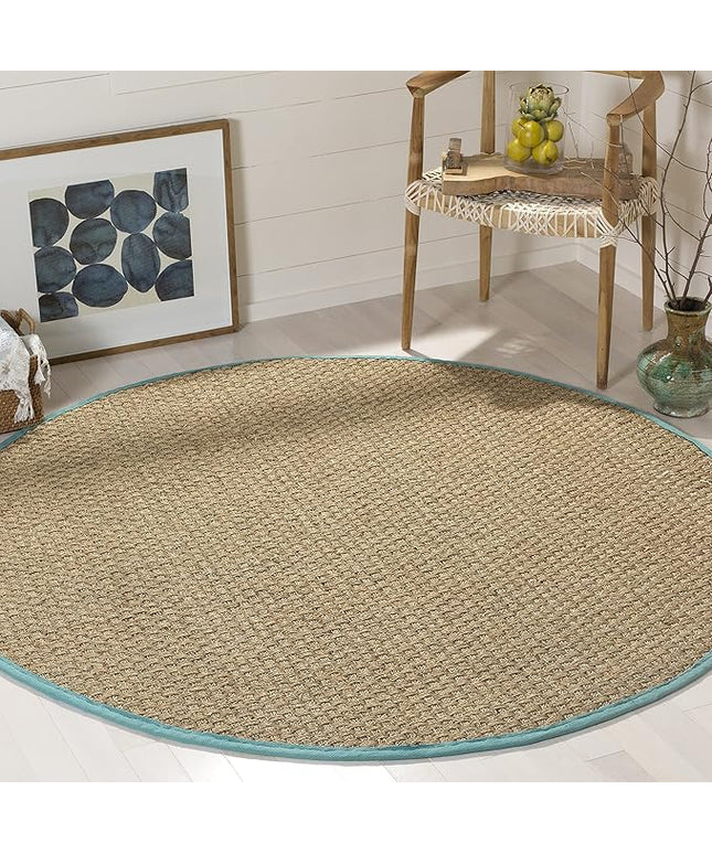 SAFAVIEH Area Rug 6' Round - Natural Fiber Collection - Natural & Teal, Seagrass, Basketweave Pattern with Border (NF114R)