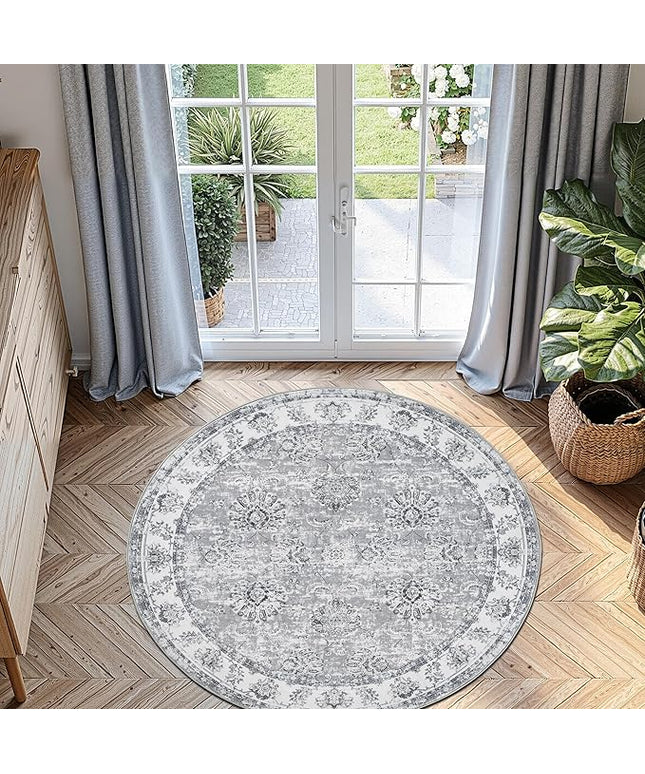 jinchan Fiora Round Rug 5ft Area Rug - Indoor Vintage Hallway Circle 5' Washable - Ultra-Thin Low Pile Soft Small Non Slip Distressed Floral Print for Living Room Dining Room Bedroom Entryway Grey