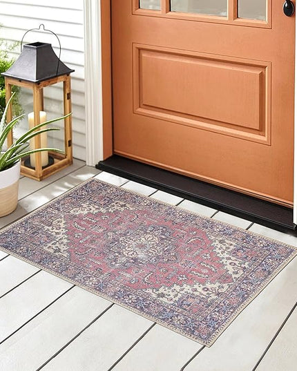 GLN Rugs Traditional Collection - Machine Washable Area Rug, Traditional Washable, Non Slip, Low Pile Chenille Rug, Living Room, Bedroom, Kitchen Rug (2'x3' Multi Blue)