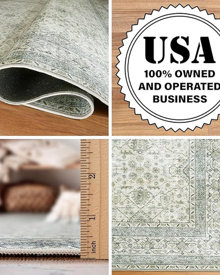 ReaLife Rugs Machine Washable Area Rug Runner - Living Room Bedroom Bathroom Kitchen Entryway Office - Padded Low Pile Stain Resistant Premium - Boho Farmhouse Vintage - BEV - Green 2'6" x 6'