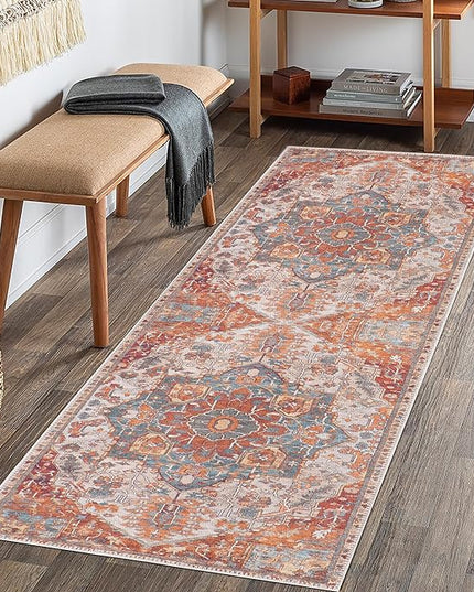 GLN Rugs Traditional Collection - Machine Washable Area Rug, Traditional Washable, Non Slip, Low Pile Chenille Rug, Living Room, Bedroom, Kitchen Rug (2'6"x7' Cream/Terra)