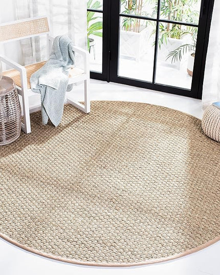 SAFAVIEH Area Rug 7' Round - Natural Fiber Collection - Natural & Beige, Seagrass, Basketweave Pattern with Border (NF114A)