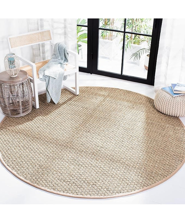 SAFAVIEH Area Rug 7' Round - Natural Fiber Collection - Natural & Beige, Seagrass, Basketweave Pattern with Border (NF114A)