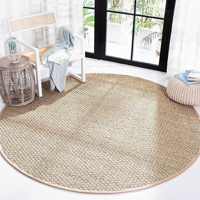 SAFAVIEH Area Rug 3' Round - Natural Fiber Collection - Natural & Beige, Seagrass, Basketweave Pattern with Border (NF114A)