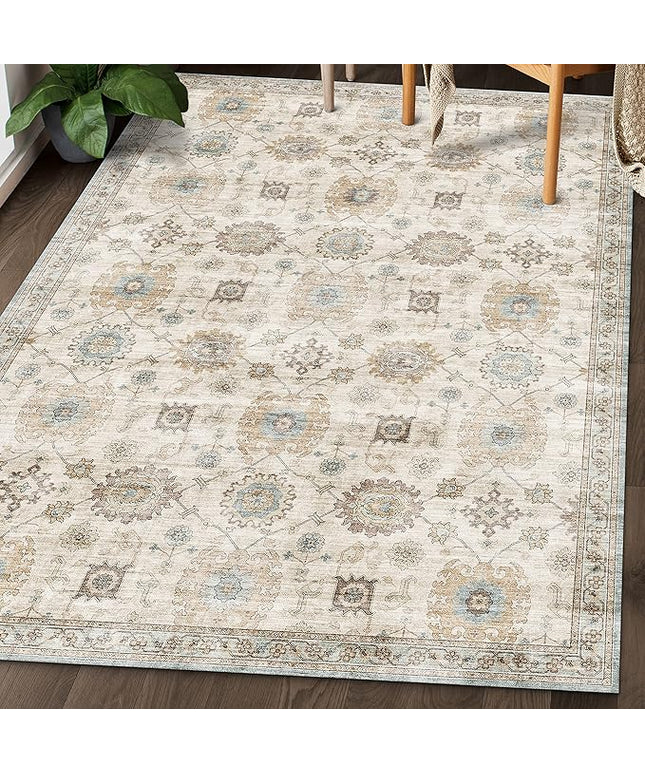 ReaLife Rugs Machine Washable Area Rug - Living Room Bedroom Bathroom Kitchen Entryway Office - Padded Low Pile Stain Resistant Premium - Boho Farmhouse Vintage - Bryn - Beige Seafoam 5' x 7'
