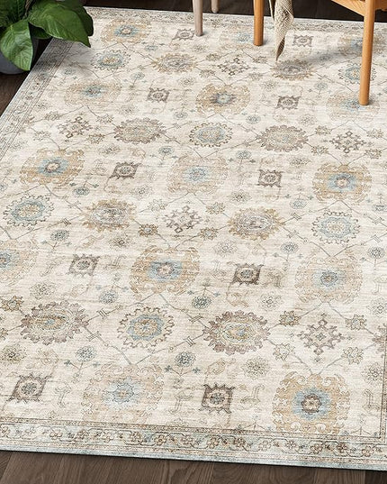 ReaLife Rugs Machine Washable Area Rug Runner - Living Room Bedroom Bathroom Kitchen Entryway Office - Padded Low Pile Stain Resistant Premium - Boho Farmhouse Vintage - Bryn - Beige Seafoam 2'6"x6'