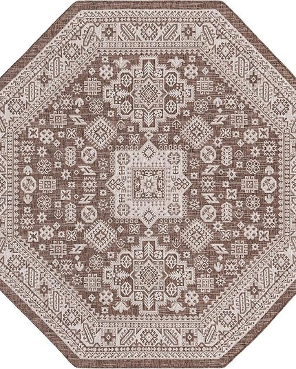 Rugs.com Outdoor Aztec Collection Rug – 8 Ft Octagon Brown Flatweave Rug Perfect for Living Rooms, Kitchens, Entryways